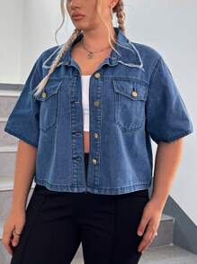 SHEIN EZwear Plus Flap Pocket Denim Top - Medium Wash - View 3