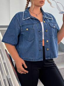 SHEIN EZwear Plus Flap Pocket Denim Top - Medium Wash - View 5