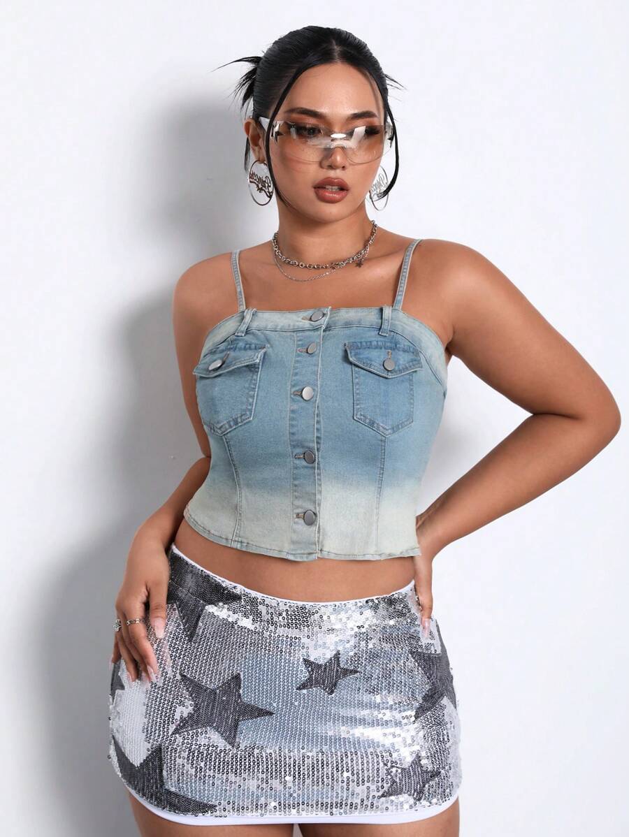 SHEIN ICON Plus Ombre Flap Pocket Button Front Cami Denim Top - Light Wash - View 1