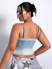 SHEIN ICON Plus Ombre Flap Pocket Button Front Cami Denim Top - Light Wash - View 2