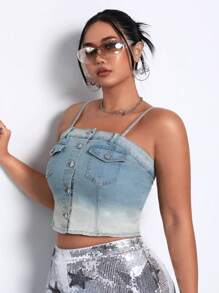 SHEIN ICON Plus Ombre Flap Pocket Button Front Cami Denim Top - Light Wash - View 3