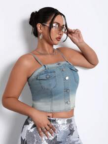 SHEIN ICON Plus Ombre Flap Pocket Button Front Cami Denim Top - Light Wash - View 4