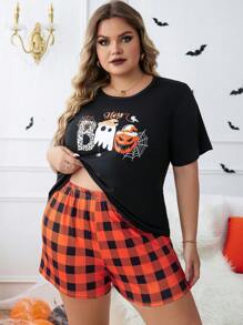 Plus Halloween Print Tee & Buffalo Plaid Shorts PJ Set - Multicolor - View 1