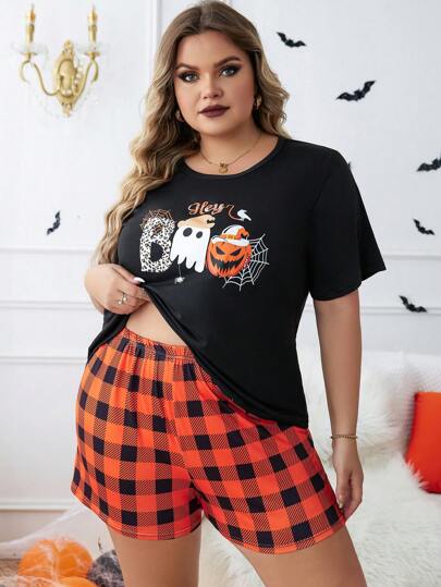 Plus Halloween Print Tee & Buffalo Plaid Shorts PJ Set