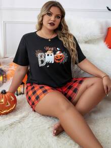 Plus Halloween Print Tee & Buffalo Plaid Shorts PJ Set - Multicolor - View 2