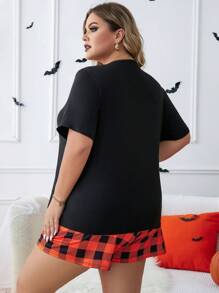 Plus Halloween Print Tee & Buffalo Plaid Shorts PJ Set - Multicolor - View 3
