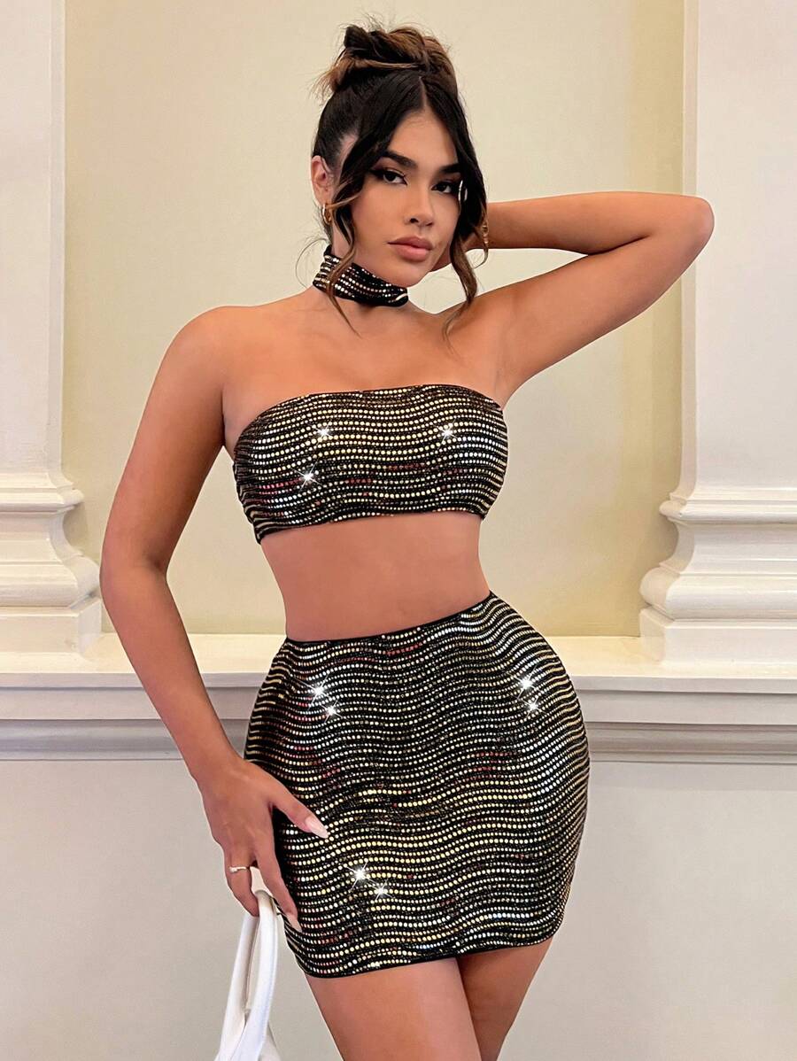 SHEIN SXY Sequin Tube Top & Bodycon Skirt - Gold - View 1