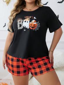 Plus Halloween Print Tee & Buffalo Plaid Shorts PJ Set - Multicolor - View 5