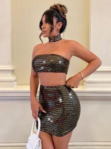 SHEIN SXY Sequin Tube Top & Bodycon Skirt - Gold - View 3