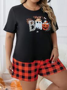 Plus Halloween Print Tee & Buffalo Plaid Shorts PJ Set - Multicolor - View 6
