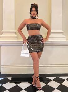 SHEIN SXY Sequin Tube Top & Bodycon Skirt - Gold - View 4