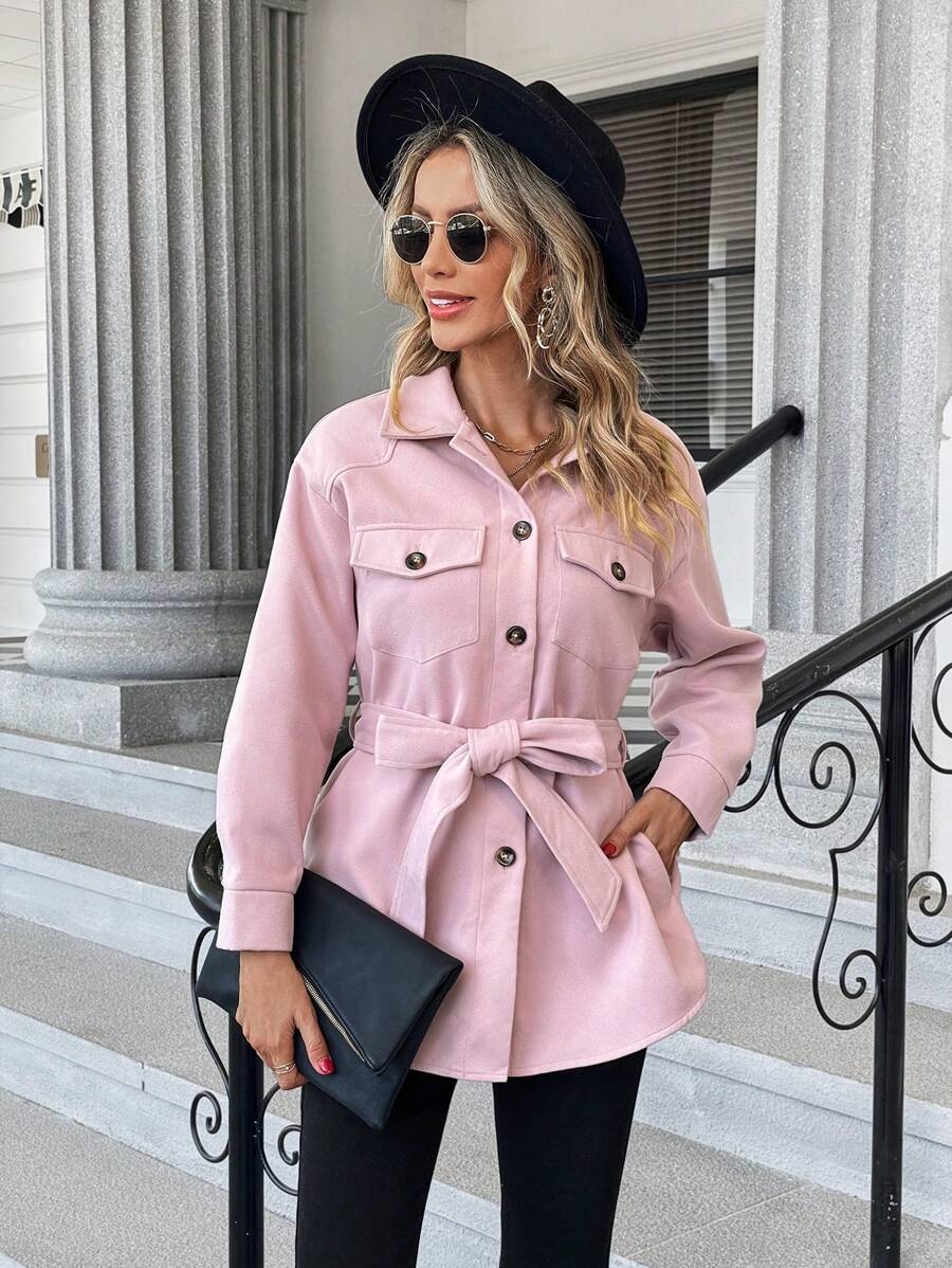 SHEIN LUNE Flap Pocket Belted Overcoat - Baby Pink - View 1