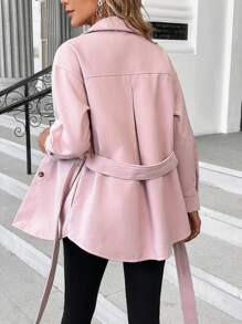 SHEIN LUNE Flap Pocket Belted Overcoat - Baby Pink - View 2