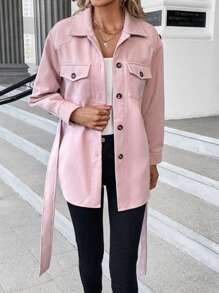 SHEIN LUNE Flap Pocket Belted Overcoat - Baby Pink - View 3
