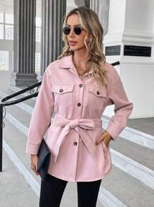 SHEIN LUNE Flap Pocket Belted Overcoat - Baby Pink - View 4