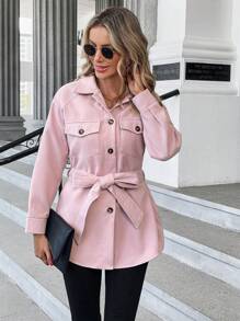 SHEIN LUNE Flap Pocket Belted Overcoat - Baby Pink - View 5