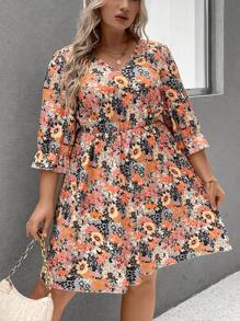 EMERY ROSE Plus Floral Print Flare Sleeve Dress - Multicolor - View 5