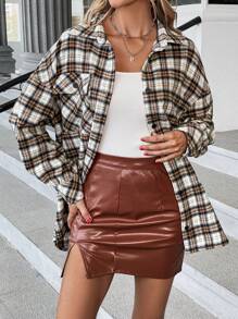 SHEIN LUNE Plaid Print Drop Shoulder Flap Pocket Overcoat - Multicolor - View 1
