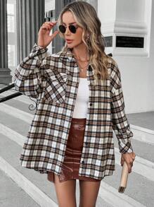 SHEIN LUNE Plaid Print Drop Shoulder Flap Pocket Overcoat - Multicolor - View 4