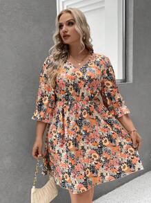 EMERY ROSE Plus Floral Print Flare Sleeve Dress - Multicolor - View 4
