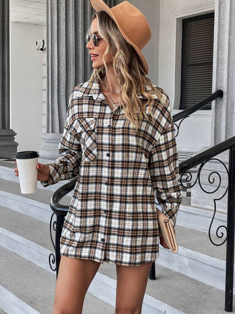 Plaid Print Drop Shoulder Flap Pocket Overcoat