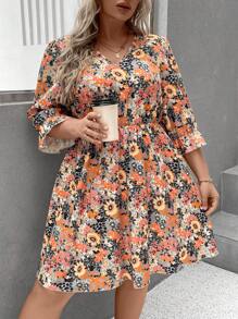 EMERY ROSE Plus Floral Print Flare Sleeve Dress - Multicolor - View 1