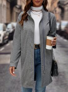 SHEIN LUNE Zip Up Drop Shoulder Overcoat - Grey - View 4
