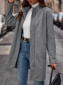 SHEIN LUNE Zip Up Drop Shoulder Overcoat - Grey - View 1