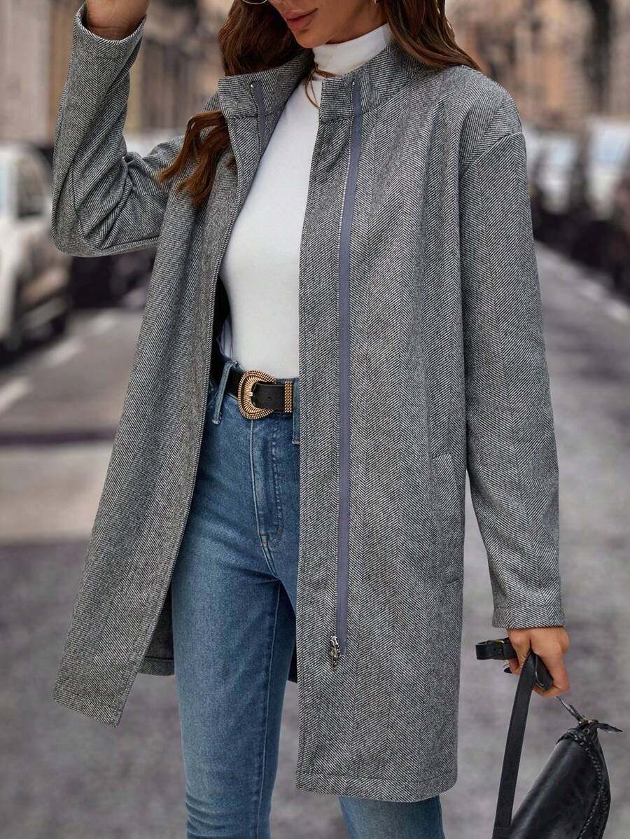 SHEIN LUNE Zip Up Drop Shoulder Overcoat - Grey - View 1