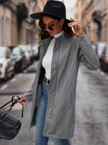 SHEIN LUNE Zip Up Drop Shoulder Overcoat - Grey - View 5