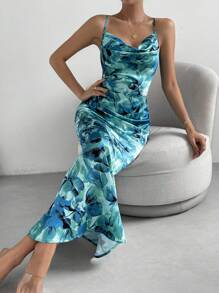 SHEIN Privé Floral Print Draped Collar Cami Dress
