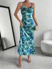 SHEIN Privé Floral Print Draped Collar Cami Dress