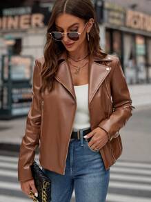 SHEIN LUNE Zip Up PU Leather Moto Jacket - Brown - View 5