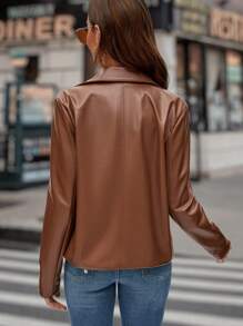 SHEIN LUNE Zip Up PU Leather Moto Jacket - Brown - View 2