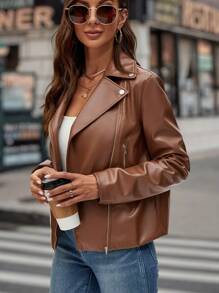 SHEIN LUNE Zip Up PU Leather Moto Jacket - Brown - View 6