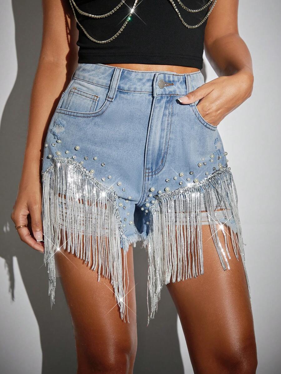 SHEIN BAE Rhinestone Fringe Trim Denim Shorts - Light Wash - View 1