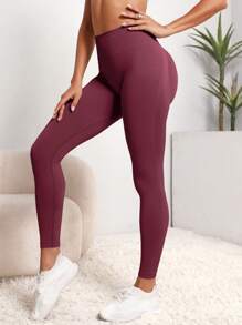 Easithlete Seamless Wide Waistband Sports Leggings - Maroon - View 2