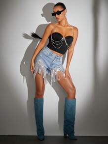 SHEIN BAE Rhinestone Fringe Trim Denim Shorts - Light Wash - View 5