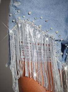 SHEIN BAE Rhinestone Fringe Trim Denim Shorts - Light Wash - View 6