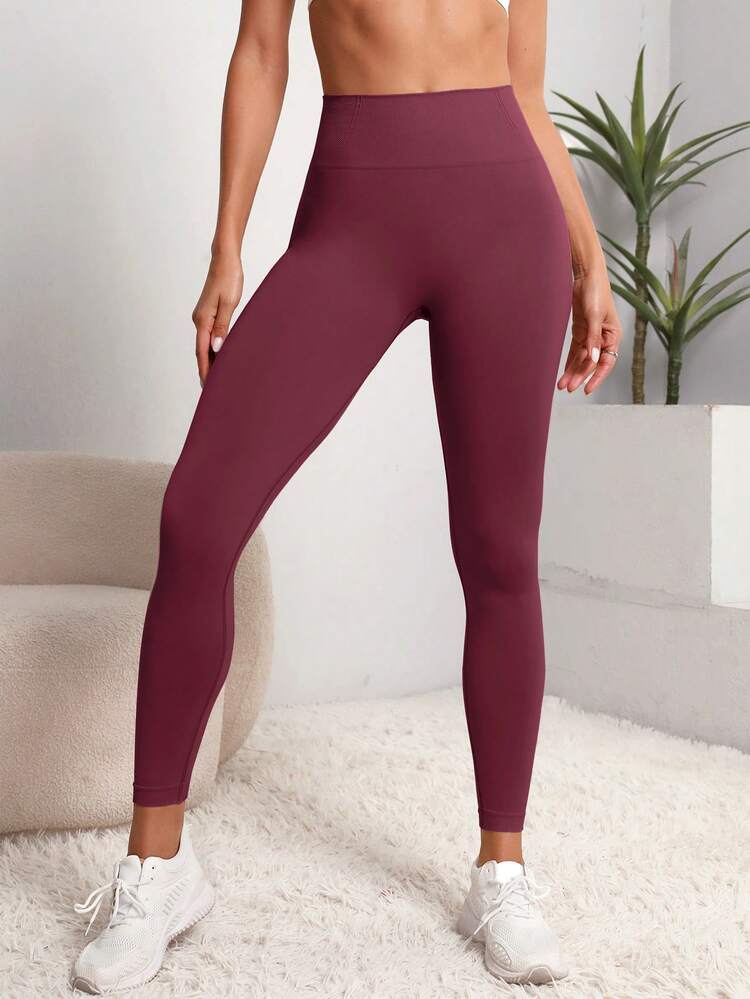 Easithlete Seamless Wide Waistband Sports Leggings - Maroon - View 3