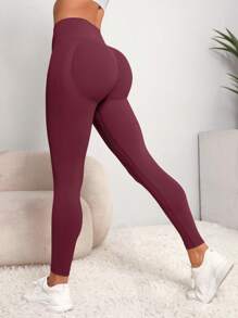 Easithlete Seamless Wide Waistband Sports Leggings - Maroon - View 4
