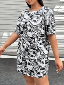 SHEIN Coolane Hơn Đồ họa đầu lâu Váy áo thun - màu đen - Xem 3