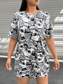 SHEIN Coolane Hơn Đồ họa đầu lâu Váy áo thun - màu đen - Xem 4