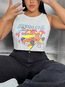 SHEIN EZwear 大碼汽車和標語圖案背心上衣 - 白色 - 查看 1