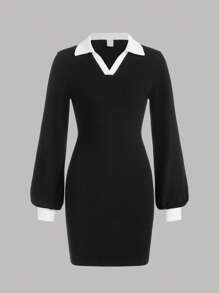 Thiếu niên cô gái Cổ áo tương phản Tay áo lồng đèn Đầm - màu đen - Xem 1