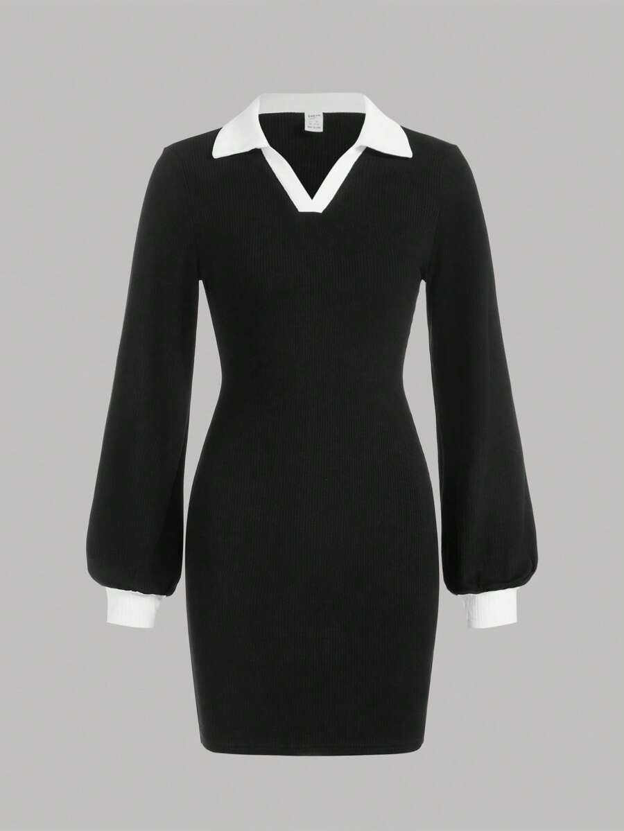 Thiếu niên cô gái Cổ áo tương phản Tay áo lồng đèn Đầm - màu đen - Xem 1