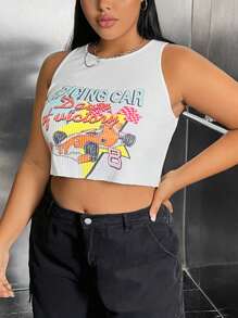 SHEIN EZwear 大碼汽車和標語圖案背心上衣 - 白色 - 查看 4