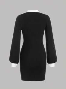 Thiếu niên cô gái Cổ áo tương phản Tay áo lồng đèn Đầm - màu đen - Xem 2