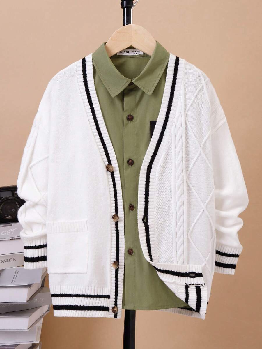 SHEIN Tween Boy Striped Trim Dual Pocket Drop Shoulder Cardigan Without Shirt - White - View 1