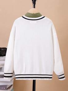 SHEIN Tween Boy Striped Trim Dual Pocket Drop Shoulder Cardigan Without Shirt - White - View 2